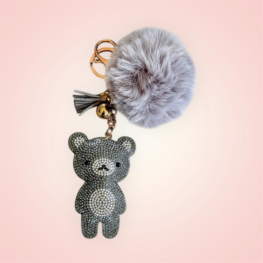 Rhinestone teddy pom pom keychain